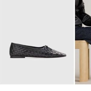 Quince Italian Leather Handwoven Square Toe Ballet Flat Black Size 10